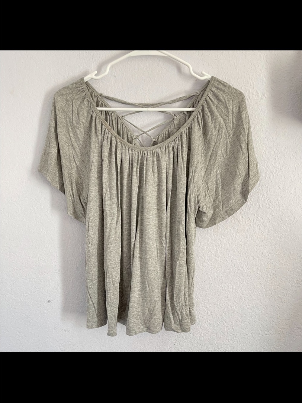 Lush Large Grey flutter sleeve top with lace up back